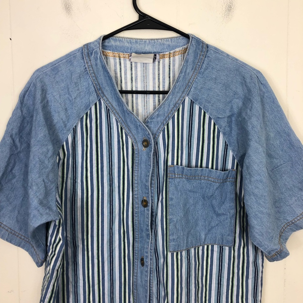 Vintage Striped Short Sleeve Denim Button Down Sz L - Picture 3 of 12